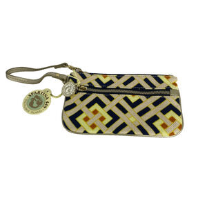 NWT Spartina 449 Daufuskie Wristlet Wallet Linen Leather Navy Beige Geometric